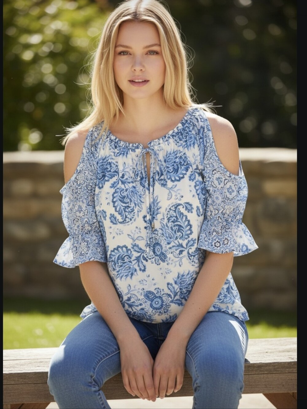 Cato Lined White and Blue Floral Peasant Blouse-Lg